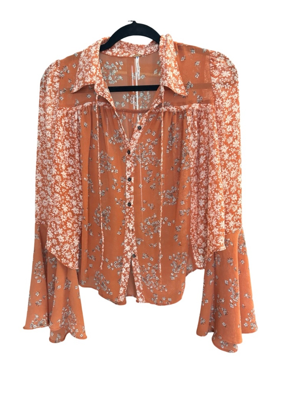 Free people Serena Floral Tie-Front Bell Sleeve Top - Rust - Picture 7 of 9